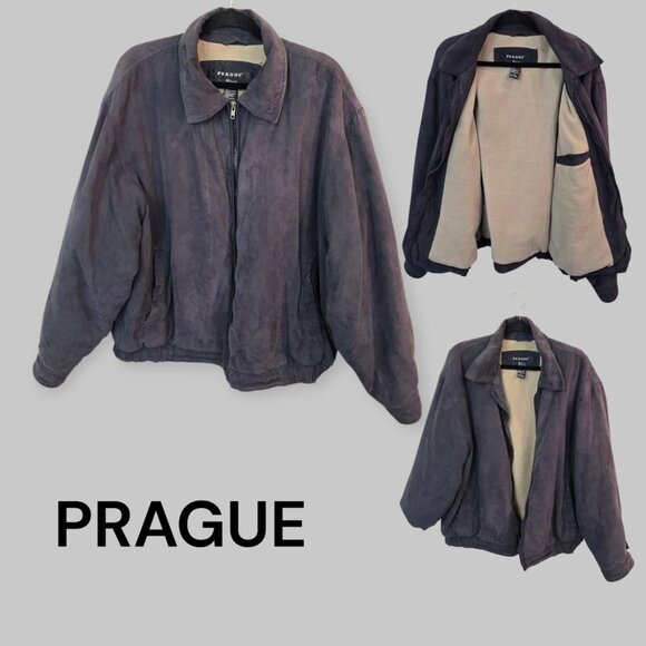 Vintage Prague Leather Suede Gray Bomber Full Zip Jacket Mens XL - Picture 1 of 15